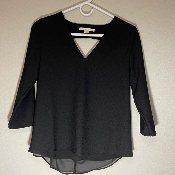 C & E Black 3/4 Sleeve Blouse with Triangle Cutout Soft Mesh Lining Size XS - Picture 1 of 9
